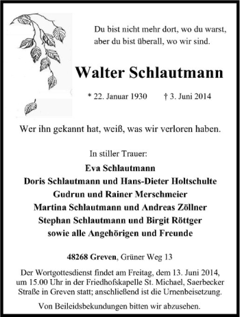 Todesanzeige von Walter Schlautmann von Westfälische Nachrichten
