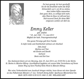 Todesanzeige von Emmy Keller von Westfälische Nachrichten