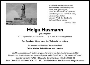 Todesanzeige von Helga Husmann von Westfälische Nachrichten