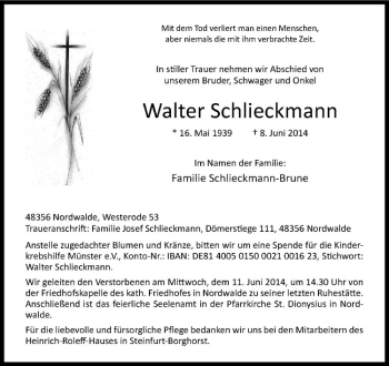 Todesanzeige von Walter Schlieckmann von Westfälische Nachrichten