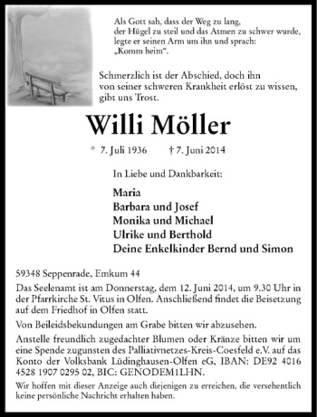 Todesanzeige von Willi Möller von Westfälische Nachrichten