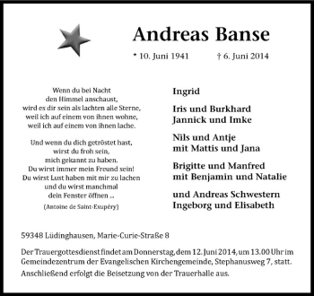 Todesanzeige von Andreas Banse von Westfälische Nachrichten
