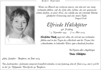 Todesanzeige von Elfriede Hülskötter von Westfälische Nachrichten