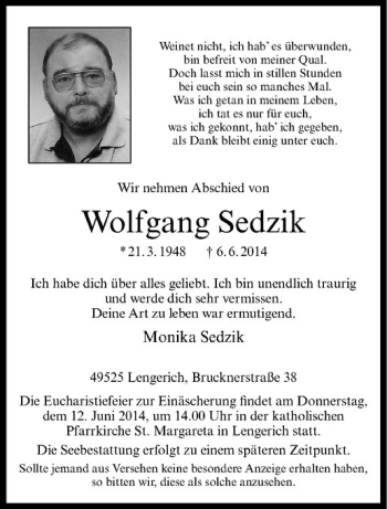 Todesanzeige von Wolfgang Sedzik von Westfälische Nachrichten