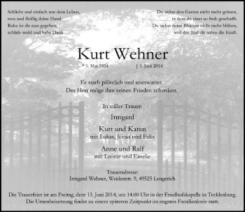 Todesanzeige von Kurt Wehner von Westfälische Nachrichten