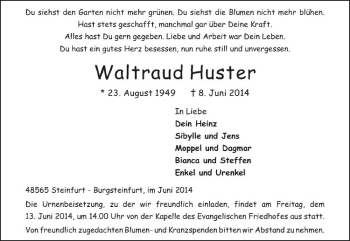 Todesanzeige von Waltraud Huster von Westfälische Nachrichten