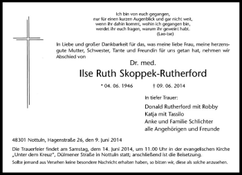 Todesanzeige von Ilse Ruth Skoppek-Rutherford von Westfälische Nachrichten
