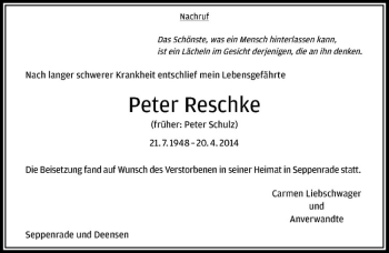 Todesanzeige von Peter Reschke von Westfälische Nachrichten