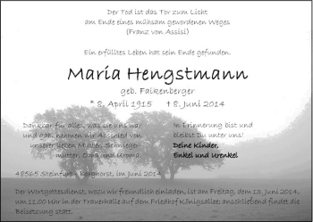 Todesanzeige von Maria Hengstmann von Westfälische Nachrichten