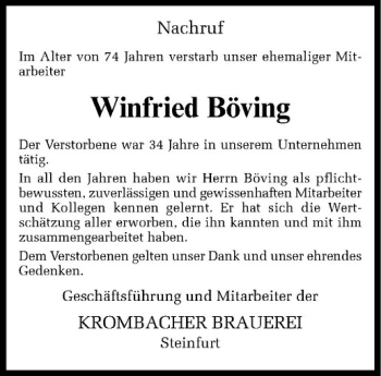 Todesanzeige von Winfried Böving von Westfälische Nachrichten