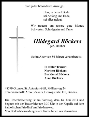 Todesanzeige von Hildegard Böckers von Westfälische Nachrichten