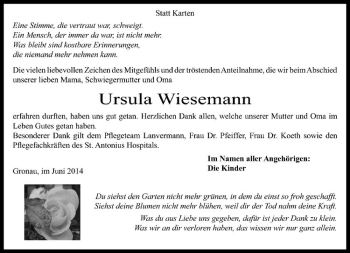 Todesanzeige von Ursula Wiesemann von Westfälische Nachrichten