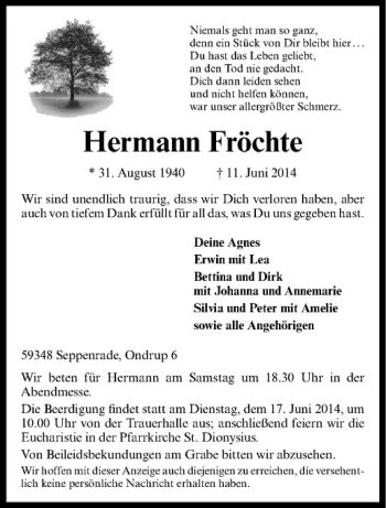 Todesanzeige von Hermann Fröchte von Westfälische Nachrichten