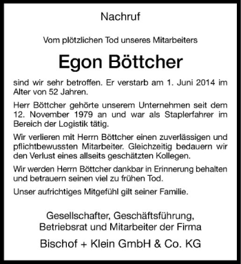 Todesanzeige von Egon Böttcher von Westfälische Nachrichten