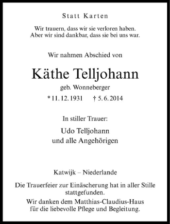 Todesanzeige von Käthe Telljohann von Westfälische Nachrichten
