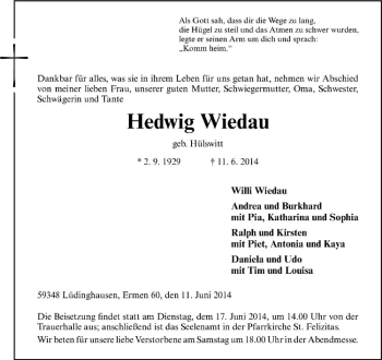Todesanzeige von Hedwig Wiedau von Westfälische Nachrichten