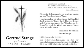 Todesanzeige von Gertrud Stange von Westfälische Nachrichten
