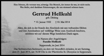 Todesanzeige von Gertrud Hellkuhl von Westfälische Nachrichten