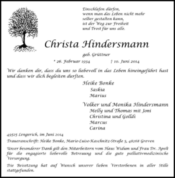 Todesanzeige von Christa Hindersmann von Westfälische Nachrichten