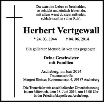 Todesanzeige von Herbert Vertgewall von Westfälische Nachrichten