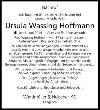 Todesanzeige von Ursula Wassing-Hoffmann von Westfälische Nachrichten