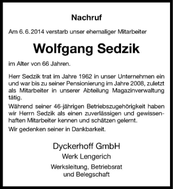 Todesanzeige von Wolfgang Sedzik von Westfälische Nachrichten