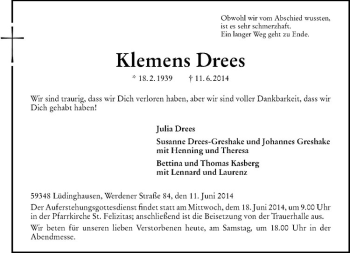 Todesanzeige von Klemens Drees von Westfälische Nachrichten