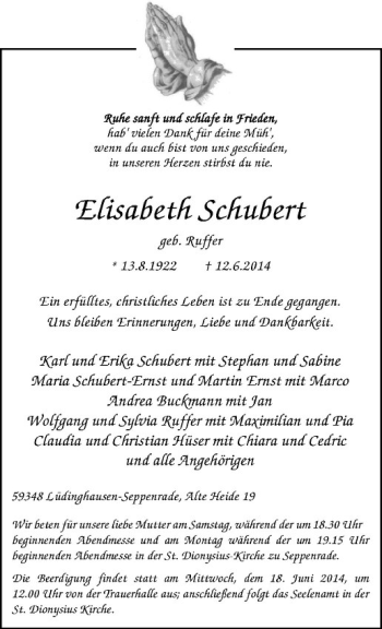 Todesanzeige von Elisabeth Schubert von Westfälische Nachrichten