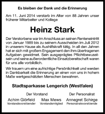 Todesanzeige von Heinz Stark von Westfälische Nachrichten