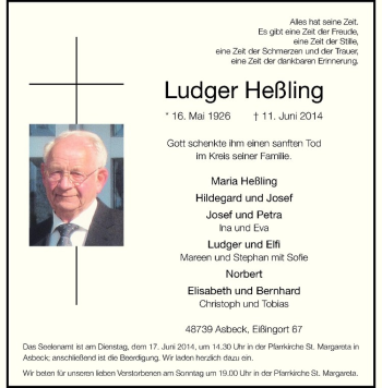 Todesanzeige von Ludger Heßling von Westfälische Nachrichten
