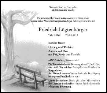 Todesanzeige von Friedrich Lögtenbörger von Westfälische Nachrichten
