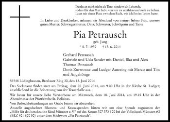 Todesanzeige von Pia Petrausch von Westfälische Nachrichten