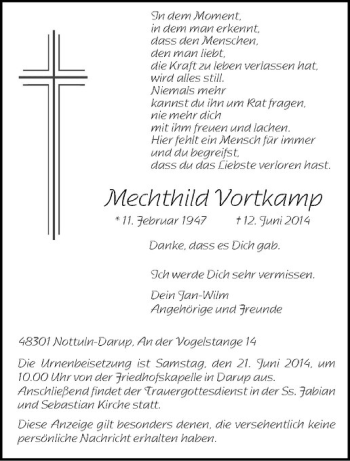 Todesanzeige von Mechthild Vortkamp von Westfälische Nachrichten