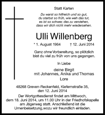 Todesanzeige von Ulli Willenberg von Westfälische Nachrichten