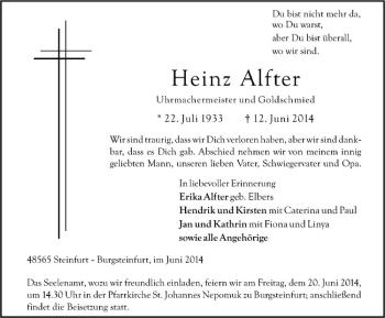 Todesanzeige von Heinz Alfter von Westfälische Nachrichten
