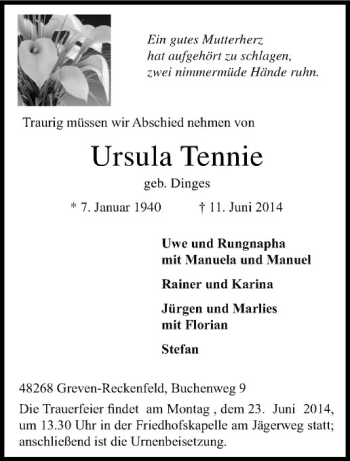 Todesanzeige von Ursula Tennie von Westfälische Nachrichten