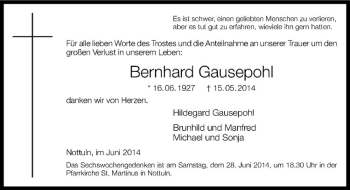 Todesanzeige von Bernhard Gausepohl von Westfälische Nachrichten