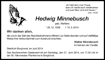 Todesanzeige von Hedwig Minnebusch von Westfälische Nachrichten