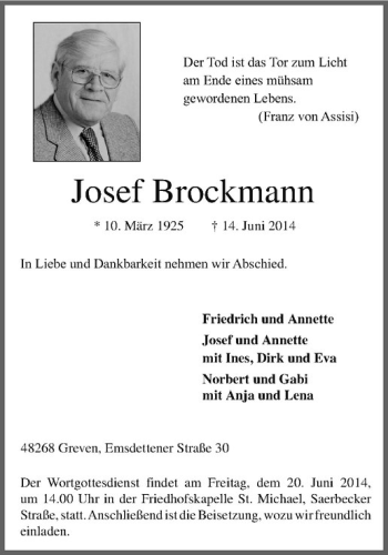 Todesanzeige von Josef Brockmann von Westfälische Nachrichten