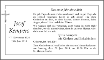 Todesanzeige von Josef Kempers von Westfälische Nachrichten