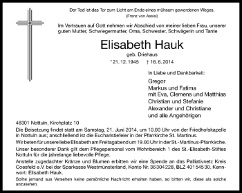 Todesanzeige von Elisabeth Hauk von Westfälische Nachrichten