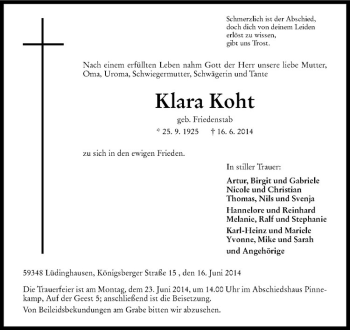 Todesanzeige von Klara Koht von Westfälische Nachrichten