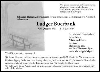 Todesanzeige von Ludger Buerbank von Westfälische Nachrichten