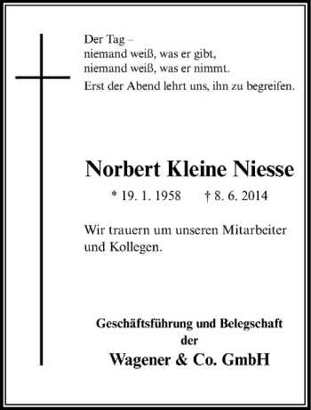 Todesanzeige von Norbert Kleine Niesse von Westfälische Nachrichten
