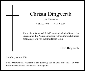 Todesanzeige von Christa Dingwerth von Westfälische Nachrichten