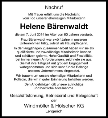 Todesanzeige von Helene Bärenwaldt von Westfälische Nachrichten