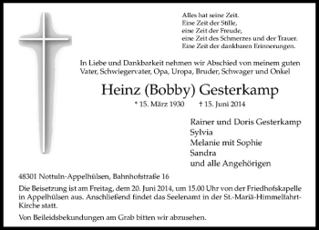 Todesanzeige von Heinz Gesterkamp von Westfälische Nachrichten