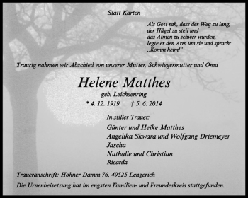 Todesanzeige von Helene Matthes von Westfälische Nachrichten