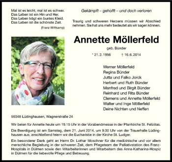 Todesanzeige von Annette Möllerfeld von Westfälische Nachrichten