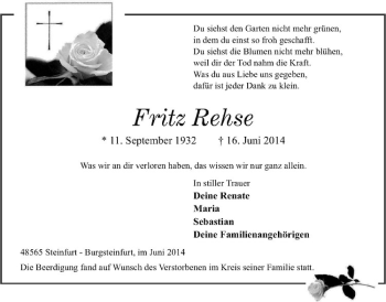 Todesanzeige von Fritz Rehse von Westfälische Nachrichten
